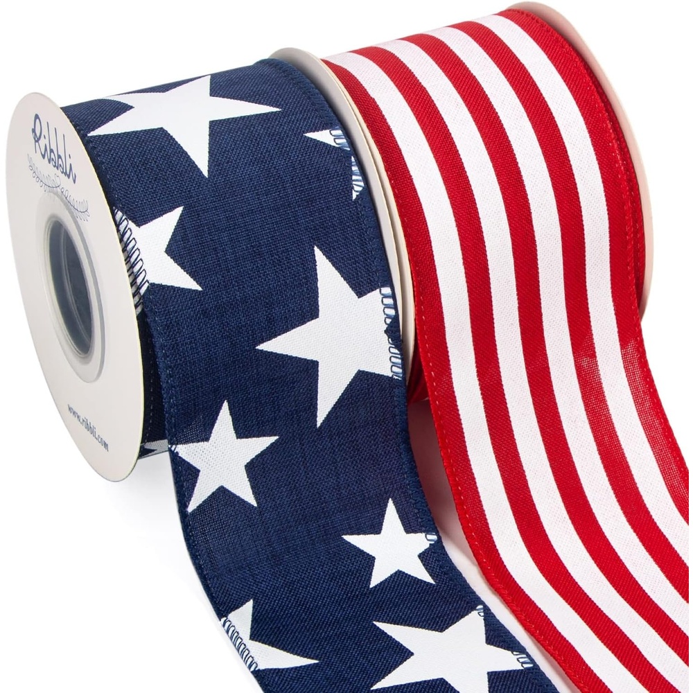 Ribbli Patriotic Ribbon Wired,2 Rolls Navy Star and Red Stripe Burlap Ribbon,2-1/2 Inch Total 60 Feets(20 Yards),Patriotic Ribbon for Crafts,Wreath,4th of July Ribbon