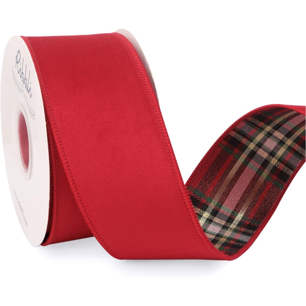 Ribbli Red Velvet Wired Ribbon with Metallic Plaid Reversible 2.5 Inch Christmas Ribbon for Gift Wrapping Christmas Tree Decoration Crafts Wreaths Supplies-Continuous 10 Yards(Red/Metallic Red)