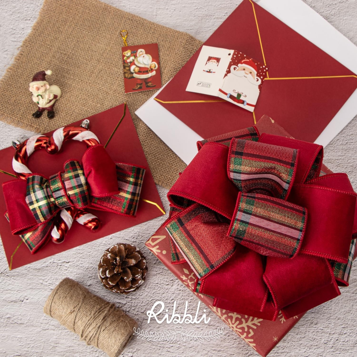 Ribbli Red Velvet Wired Ribbon with Metallic Plaid Reversible 2.5 Inch Christmas Ribbon for Gift Wrapping Christmas Tree Decoration Crafts Wreaths Supplies-Continuous 10 Yards(Red/Metallic Red)