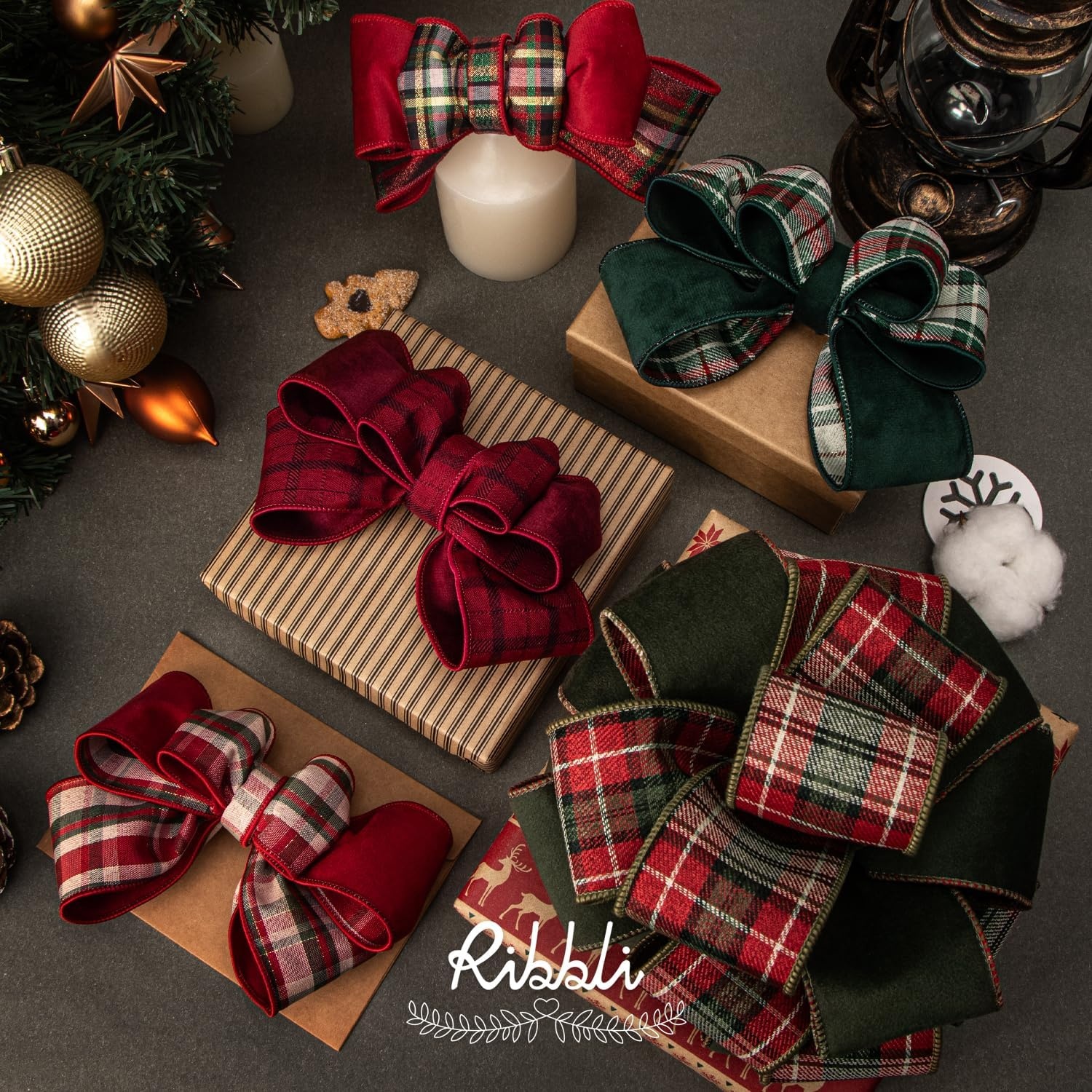 Ribbli Red Velvet Wired Ribbon with Metallic Plaid Reversible 2.5 Inch Christmas Ribbon for Gift Wrapping Christmas Tree Decoration Crafts Wreaths Supplies-Continuous 10 Yards(Red/Metallic Red)