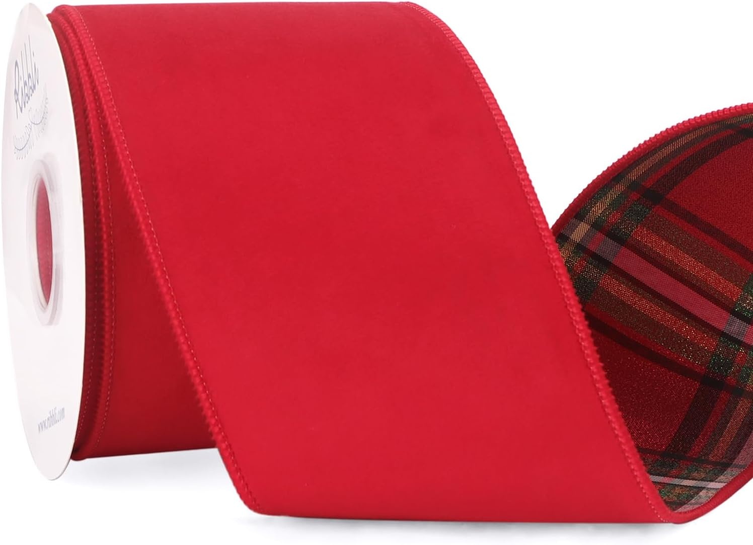 Ribbli Red Velvet Wired Ribbon with Metallic Plaid Reversible 2.5 Inch Christmas Ribbon for Gift Wrapping Christmas Tree Decoration Crafts Wreaths Supplies-Continuous 10 Yards(Red/Metallic Red)
