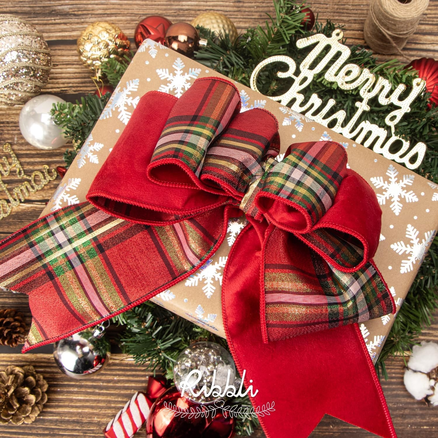 Ribbli Red Velvet Wired Ribbon with Metallic Plaid Reversible 2.5 Inch Christmas Ribbon for Gift Wrapping Christmas Tree Decoration Crafts Wreaths Supplies-Continuous 10 Yards(Red/Metallic Red)