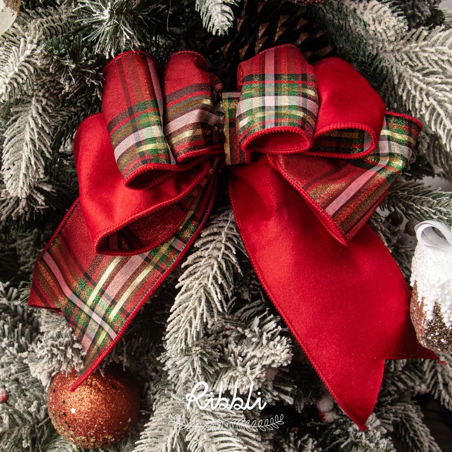 Ribbli Red Velvet Wired Ribbon with Metallic Plaid Reversible 2.5 Inch Christmas Ribbon for Gift Wrapping Christmas Tree Decoration Crafts Wreaths Supplies-Continuous 10 Yards(Red/Metallic Red)