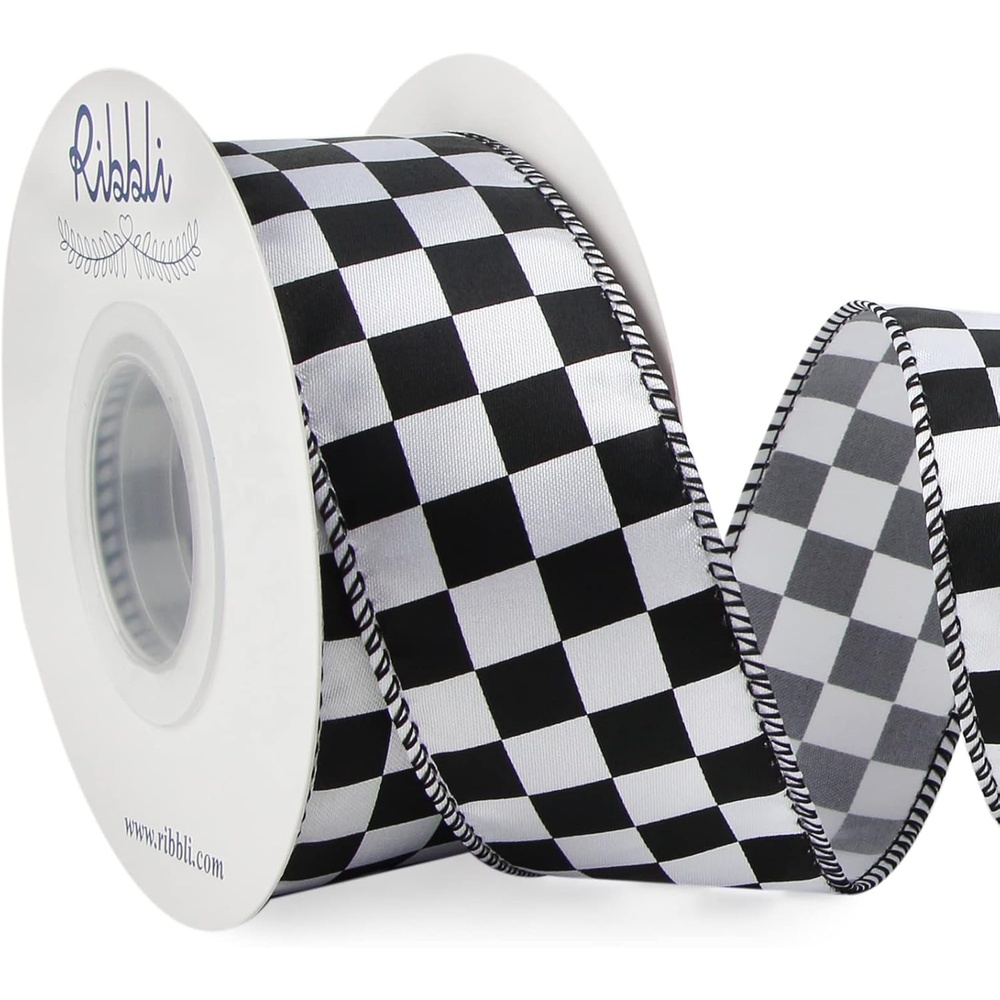 Ribbli Black and White Check Wired Satin Ribbon, 1-1/2 Inch x Continuous 10 Yard, Fall Ribbon for Big Bow, Halloween Ribbon Wreath,Tree Decoration, Outdoor Decoration(1.5 inch)