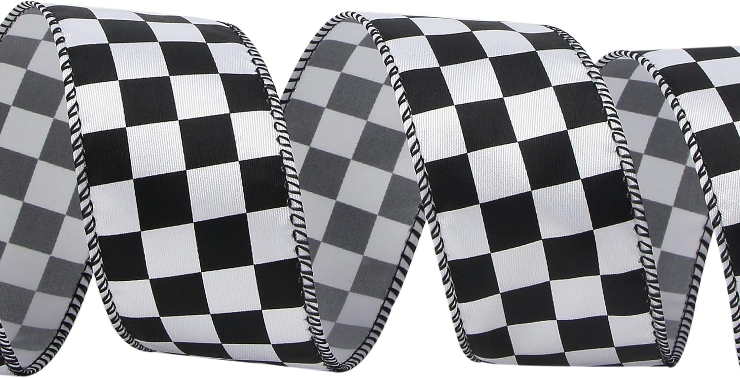 Ribbli Black and White Check Wired Satin Ribbon, 1-1/2 Inch x Continuous 10 Yard, Fall Ribbon for Big Bow, Halloween Ribbon Wreath,Tree Decoration, Outdoor Decoration(1.5 inch)