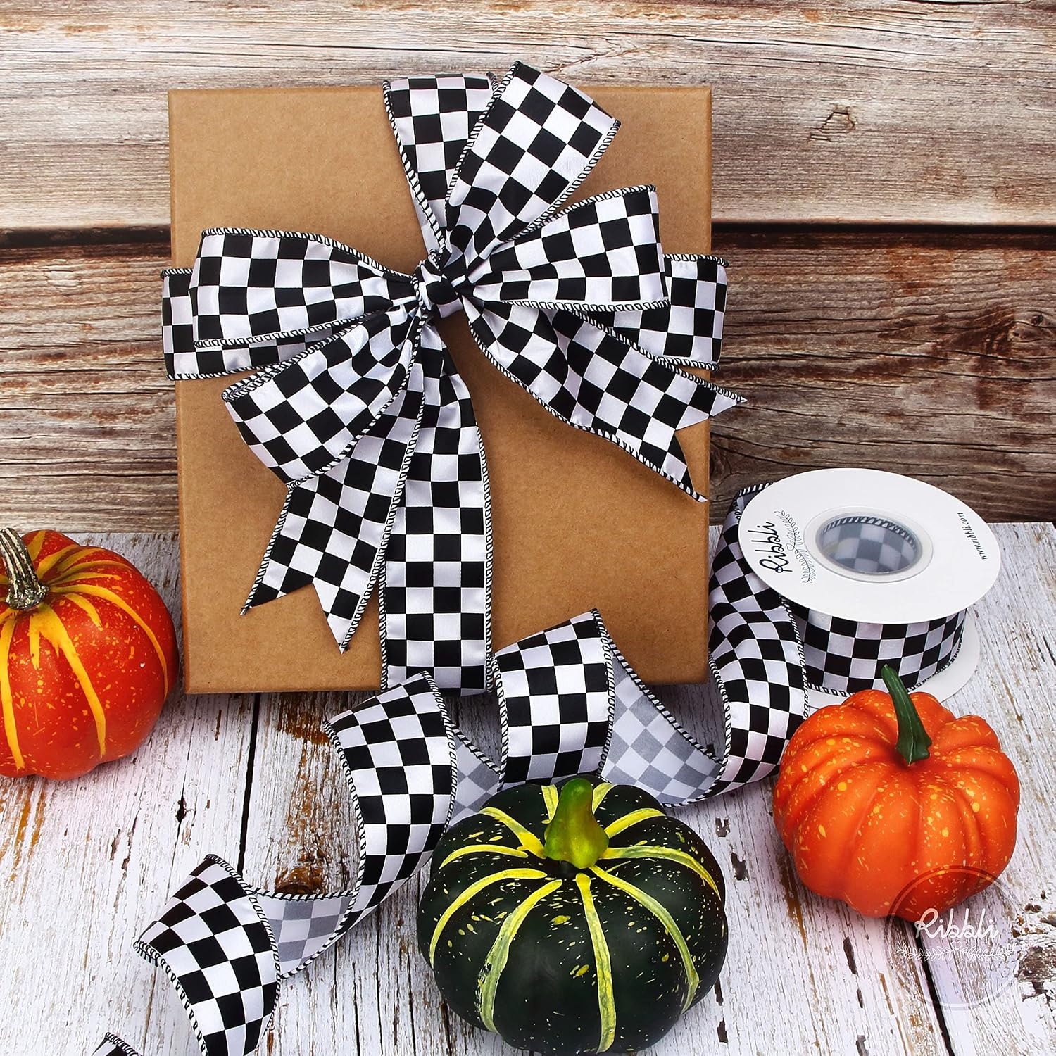 Ribbli Black and White Check Wired Satin Ribbon, 1-1/2 Inch x Continuous 10 Yard, Fall Ribbon for Big Bow, Halloween Ribbon Wreath,Tree Decoration, Outdoor Decoration(1.5 inch)