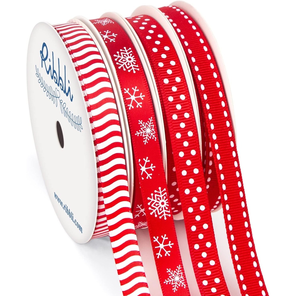 Ribbli Christmas Ribbon,Red and White Candy Cane/Snowflake/Polka Dots/Stitch Ribbon for Christmas Craft,Gift Wrapping,Home Decor,3/8 Inches Total 35 Yards,Red/White