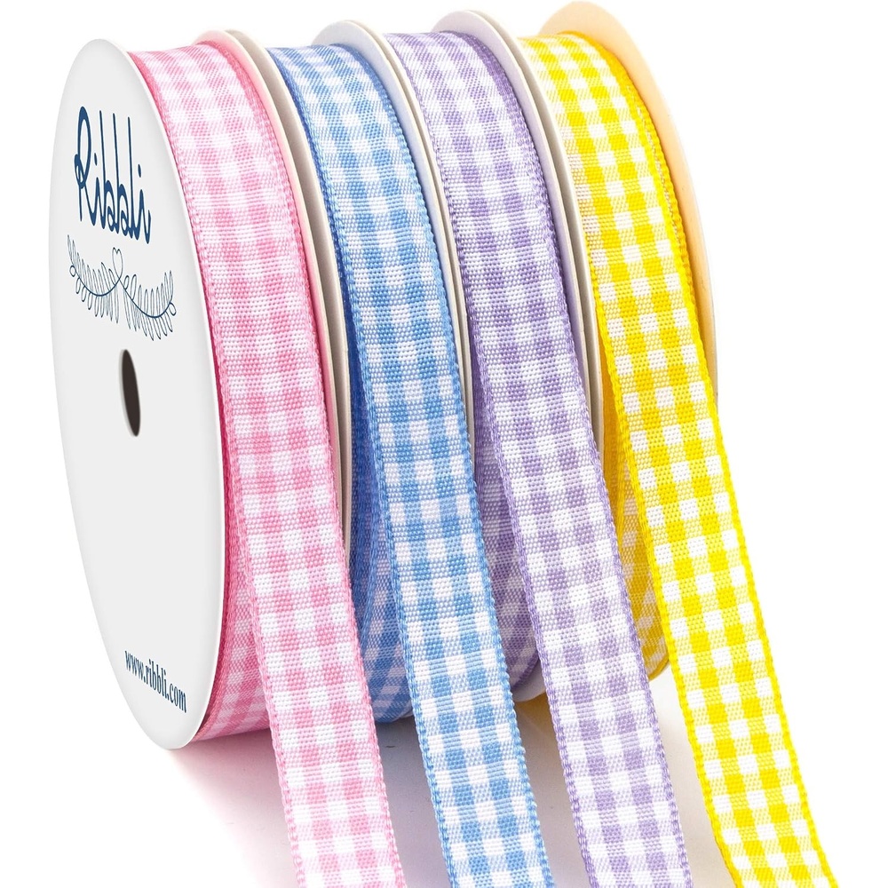 Ribbli 4 Rolls 3/8 Inch Gingham Ribbon, Total 40 Yards, 100% Polyester Woven Edge, (Lt.Pink/Lt.Blue/Lt.Purple/Yellow), Easter Check Use for Baby Shower, Gift Wrapping(Pink/Blue/Purple/Yellow)