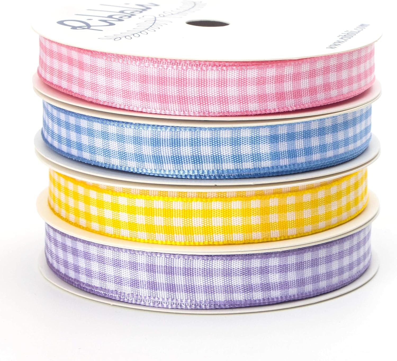Ribbli 4 Rolls 3/8 Inch Gingham Ribbon, Total 40 Yards, 100% Polyester Woven Edge, (Lt.Pink/Lt.Blue/Lt.Purple/Yellow), Easter Check Use for Baby Shower, Gift Wrapping(Pink/Blue/Purple/Yellow)