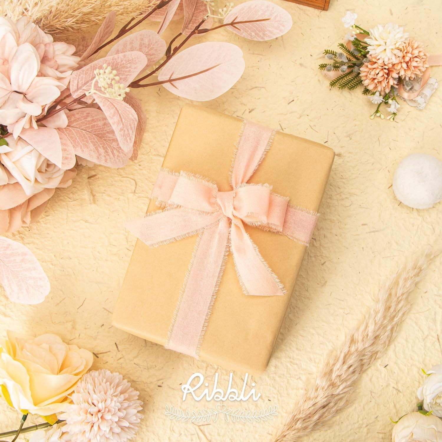 Ribbli 3 Rolls Dusty Blue Ribbon 1.5 Inch x 18Yards Handmade Cotton Frayed Fringe Ribbons for Gift Wrapping Wedding Invites Bridal Bouquets Baby Shower DIY Crafts Home Decor(Ivory/Blush/Dusty Pink)