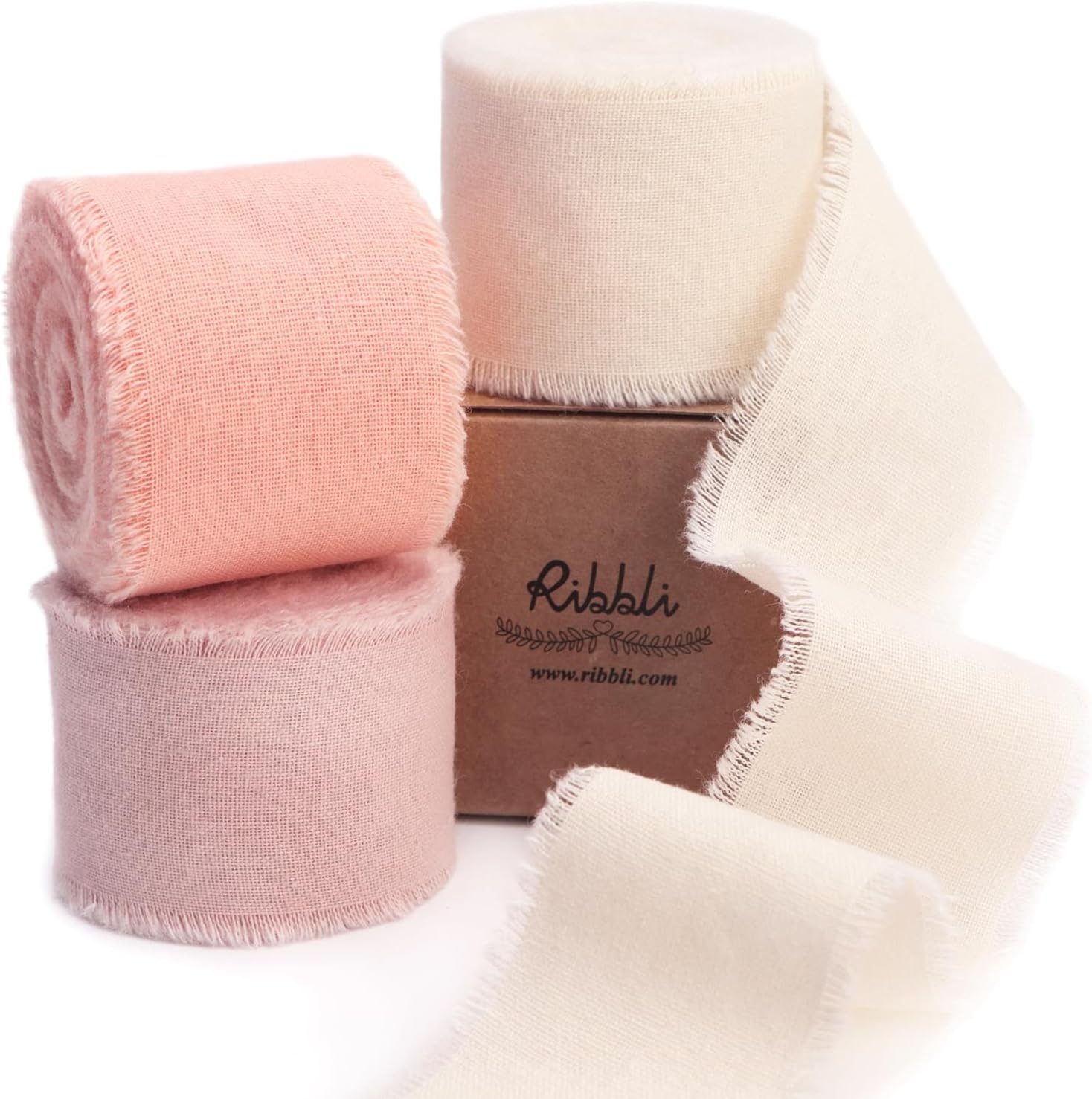 Ribbli 3 Rolls Dusty Blue Ribbon 1.5 Inch x 18Yards Handmade Cotton Frayed Fringe Ribbons for Gift Wrapping Wedding Invites Bridal Bouquets Baby Shower DIY Crafts Home Decor(Ivory/Blush/Dusty Pink)