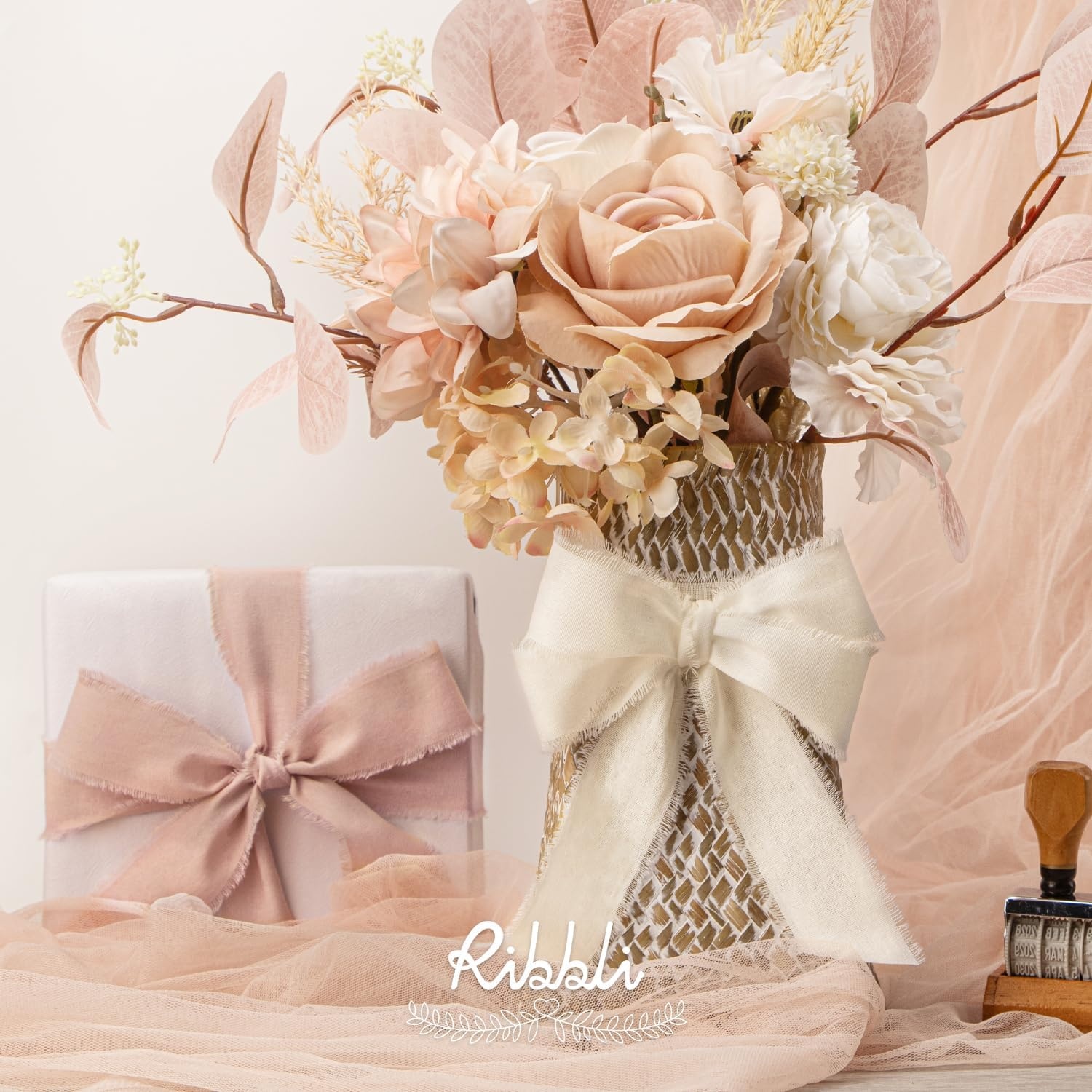 Ribbli 3 Rolls Dusty Blue Ribbon 1.5 Inch x 18Yards Handmade Cotton Frayed Fringe Ribbons for Gift Wrapping Wedding Invites Bridal Bouquets Baby Shower DIY Crafts Home Decor(Ivory/Blush/Dusty Pink)