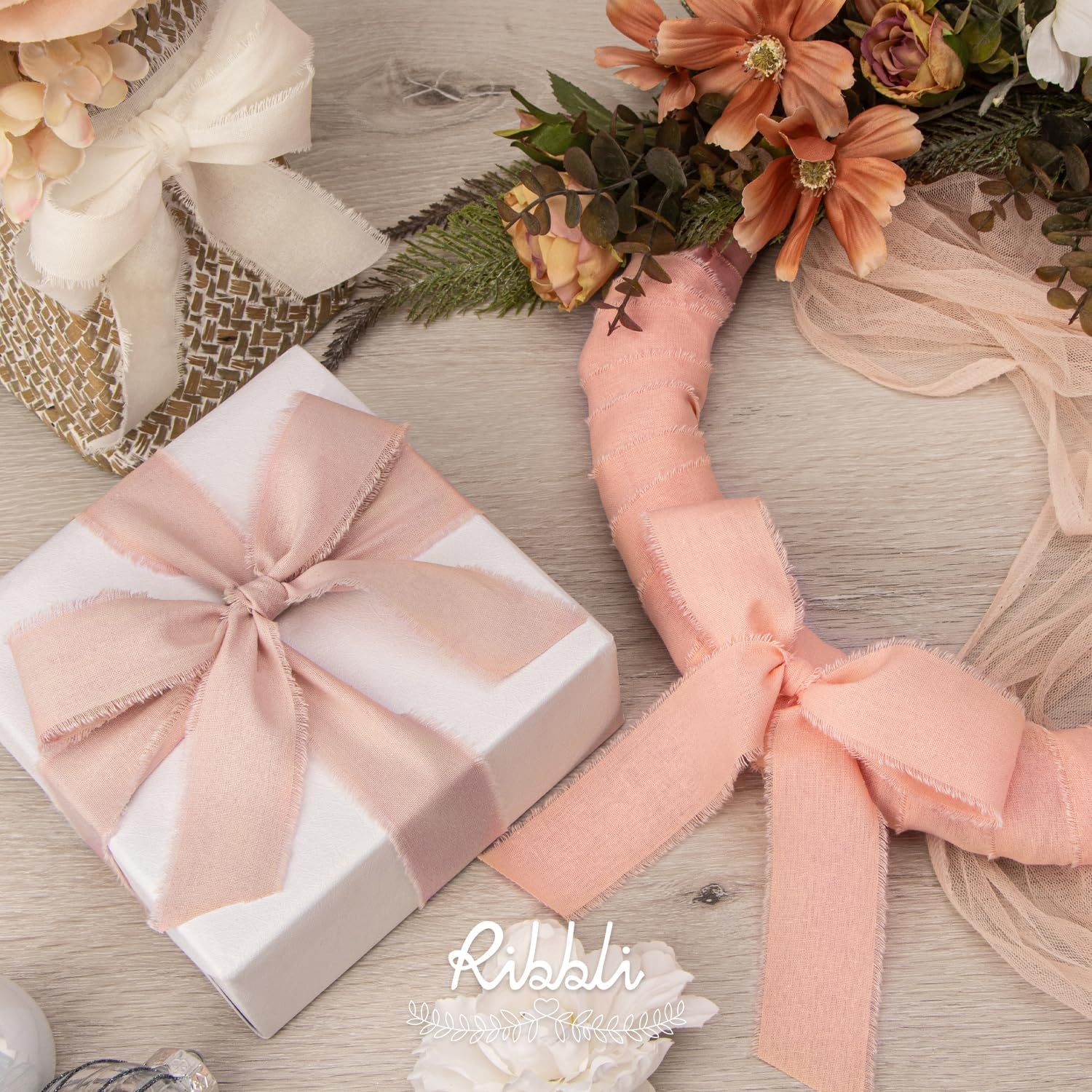 Ribbli 3 Rolls Dusty Blue Ribbon 1.5 Inch x 18Yards Handmade Cotton Frayed Fringe Ribbons for Gift Wrapping Wedding Invites Bridal Bouquets Baby Shower DIY Crafts Home Decor(Ivory/Blush/Dusty Pink)