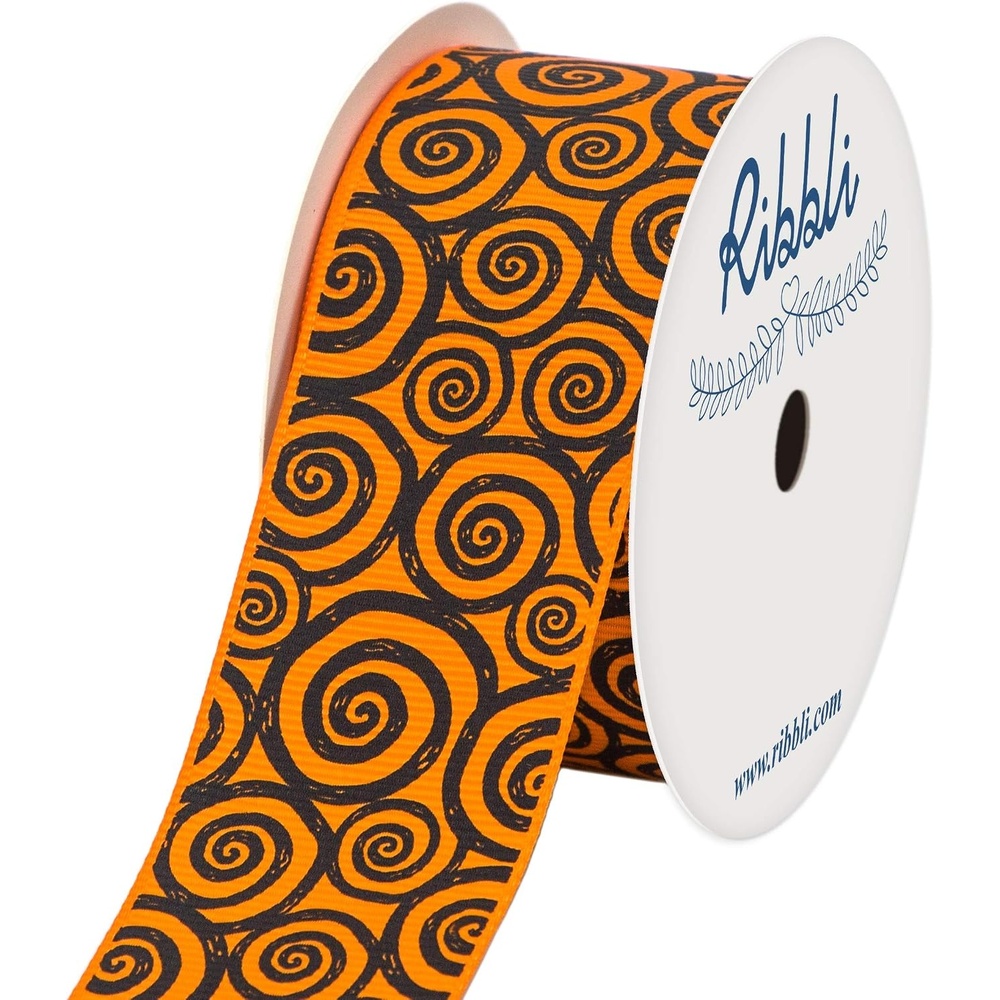 Ribbli Grosgrain Halloween Swirl Print Craft Ribbon,1-1/2 Inch,10-Yard Spool, Orange/Black,Use for Halloween Wrapping,Fall Decoration,All Crafting and Sewing(Black/Orange)