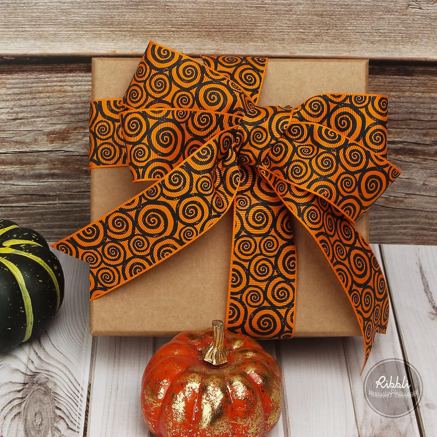 Ribbli Grosgrain Halloween Swirl Print Craft Ribbon,1-1/2 Inch,10-Yard Spool, Orange/Black,Use for Halloween Wrapping,Fall Decoration,All Crafting and Sewing(Black/Orange)