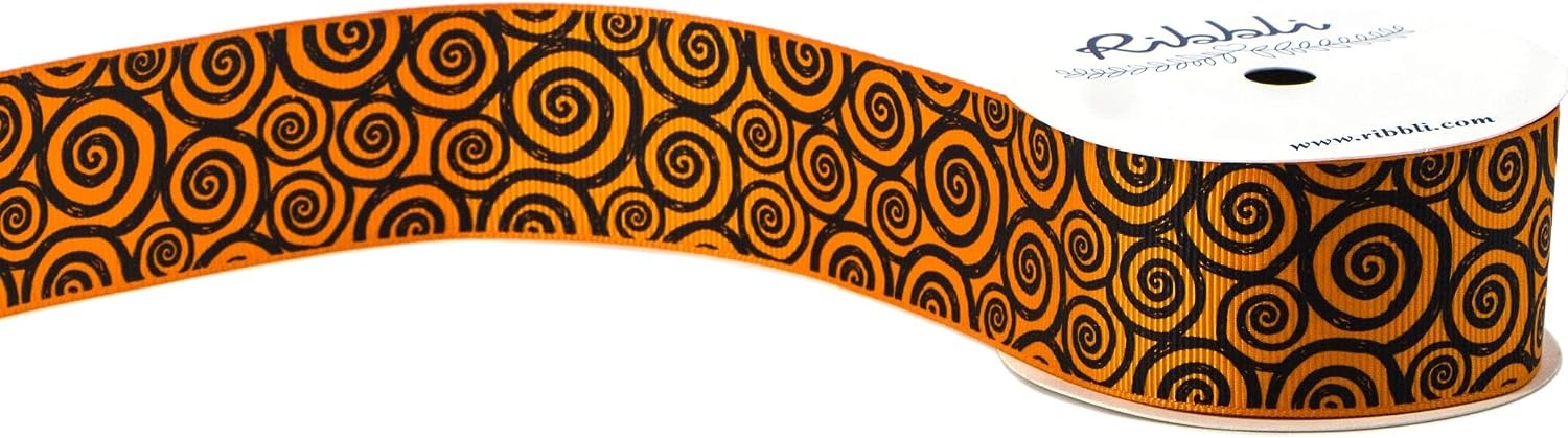 Ribbli Grosgrain Halloween Swirl Print Craft Ribbon,1-1/2 Inch,10-Yard Spool, Orange/Black,Use for Halloween Wrapping,Fall Decoration,All Crafting and Sewing(Black/Orange)