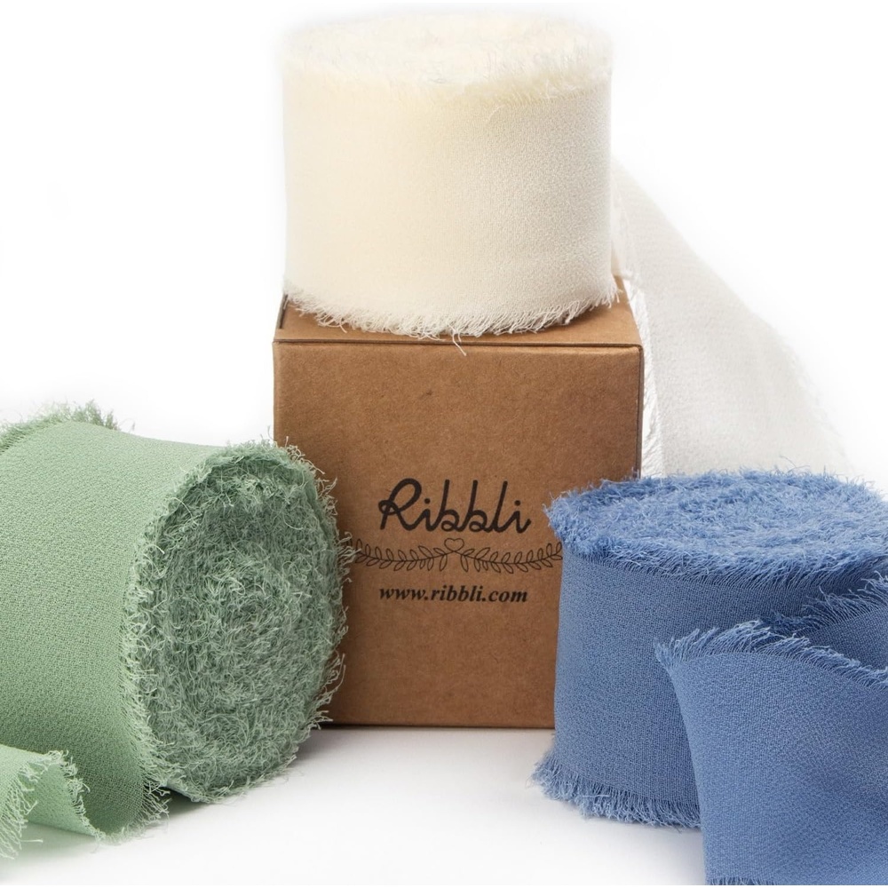 Ribbli Chiffon Silk Ribbon, 1.5 inch x 30 Yard, Champagne/Terracotta/Rust Red Fringe Chiffon Fall Ribbon for Wedding Invitations, Bridal Bouquets Wrapping, Flower Arrangement Decoration(Ivory/Sage Green/Dusty Blue)