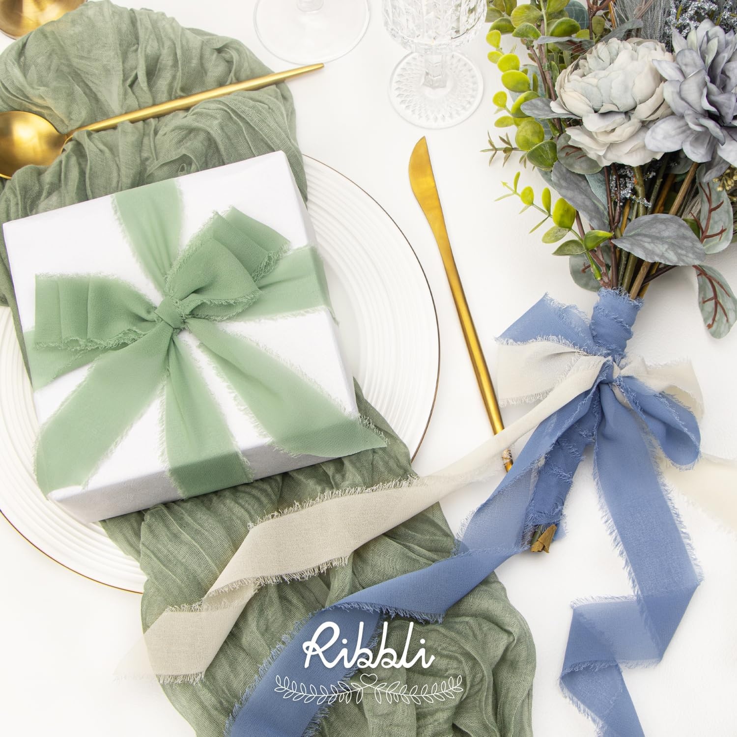 Ribbli Chiffon Silk Ribbon, 1.5 inch x 30 Yard, Champagne/Terracotta/Rust Red Fringe Chiffon Fall Ribbon for Wedding Invitations, Bridal Bouquets Wrapping, Flower Arrangement Decoration(Ivory/Sage Green/Dusty Blue)