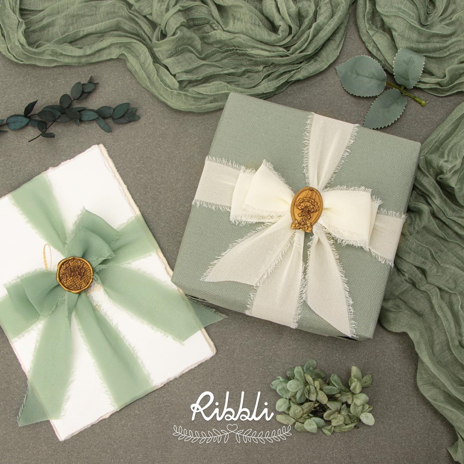 Ribbli Chiffon Silk Ribbon, 1.5 inch x 30 Yard, Champagne/Terracotta/Rust Red Fringe Chiffon Fall Ribbon for Wedding Invitations, Bridal Bouquets Wrapping, Flower Arrangement Decoration(Ivory/Sage Green/Dusty Blue)