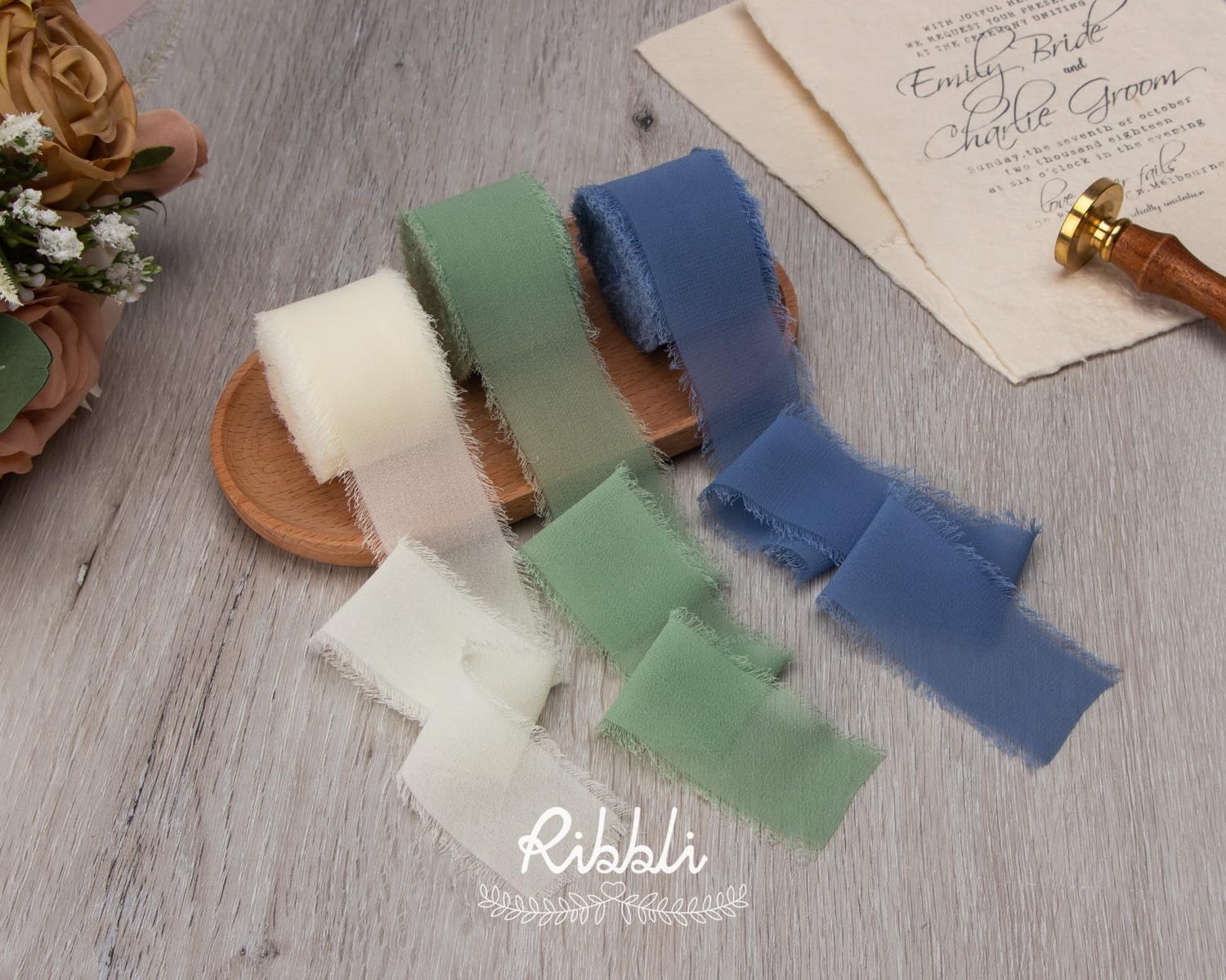 Ribbli Chiffon Silk Ribbon, 1.5 inch x 30 Yard, Champagne/Terracotta/Rust Red Fringe Chiffon Fall Ribbon for Wedding Invitations, Bridal Bouquets Wrapping, Flower Arrangement Decoration(Ivory/Sage Green/Dusty Blue)