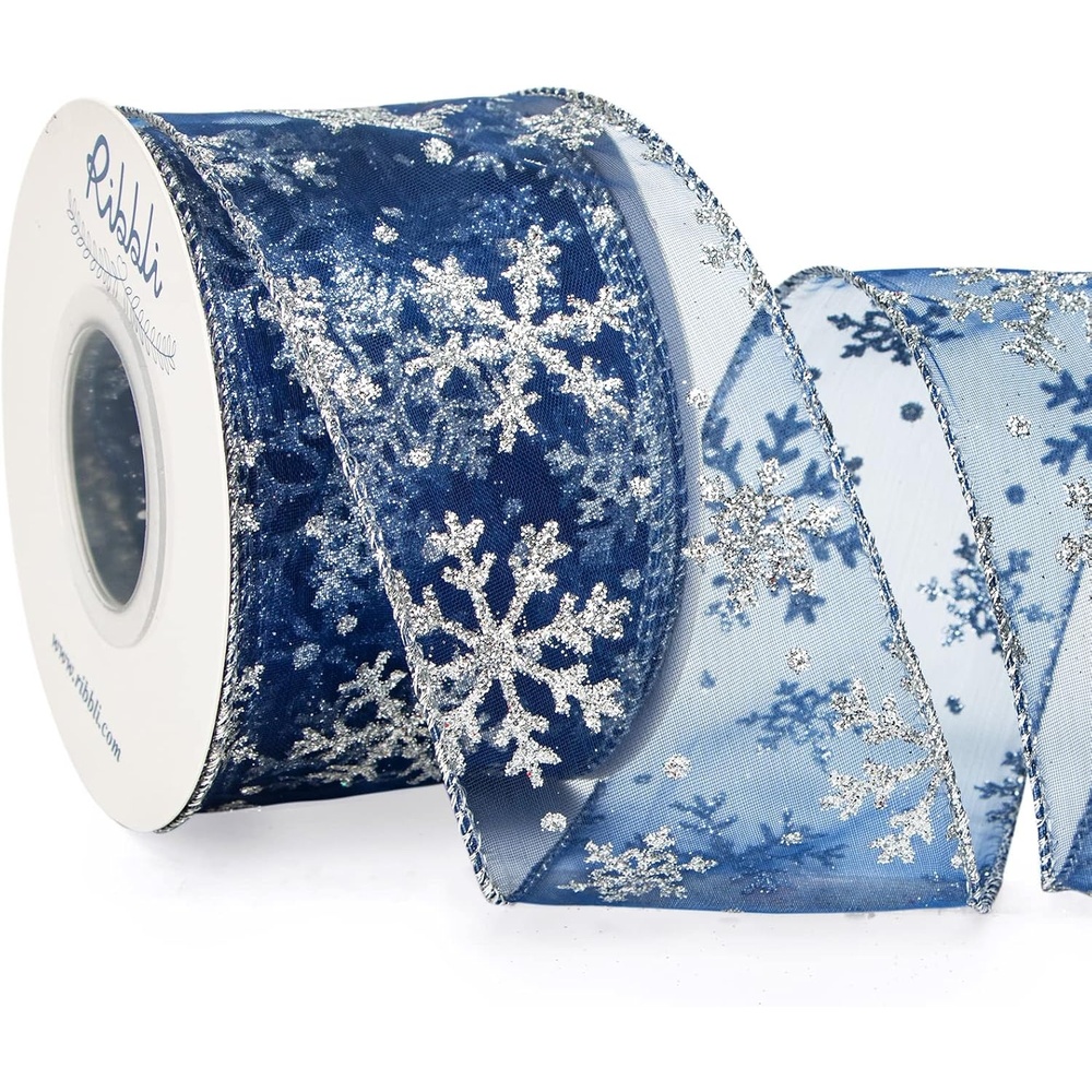 Ribbli Snowflake Glitter Wired Ribbon,Turquoise Blue Organza Sheer with Silver Glitter Snowflake Pattern and Silver Metallic Edge,2-1/2 Inch x 10 Yards Christmas Ribbon for Tree Decoration(Navy/Silver)