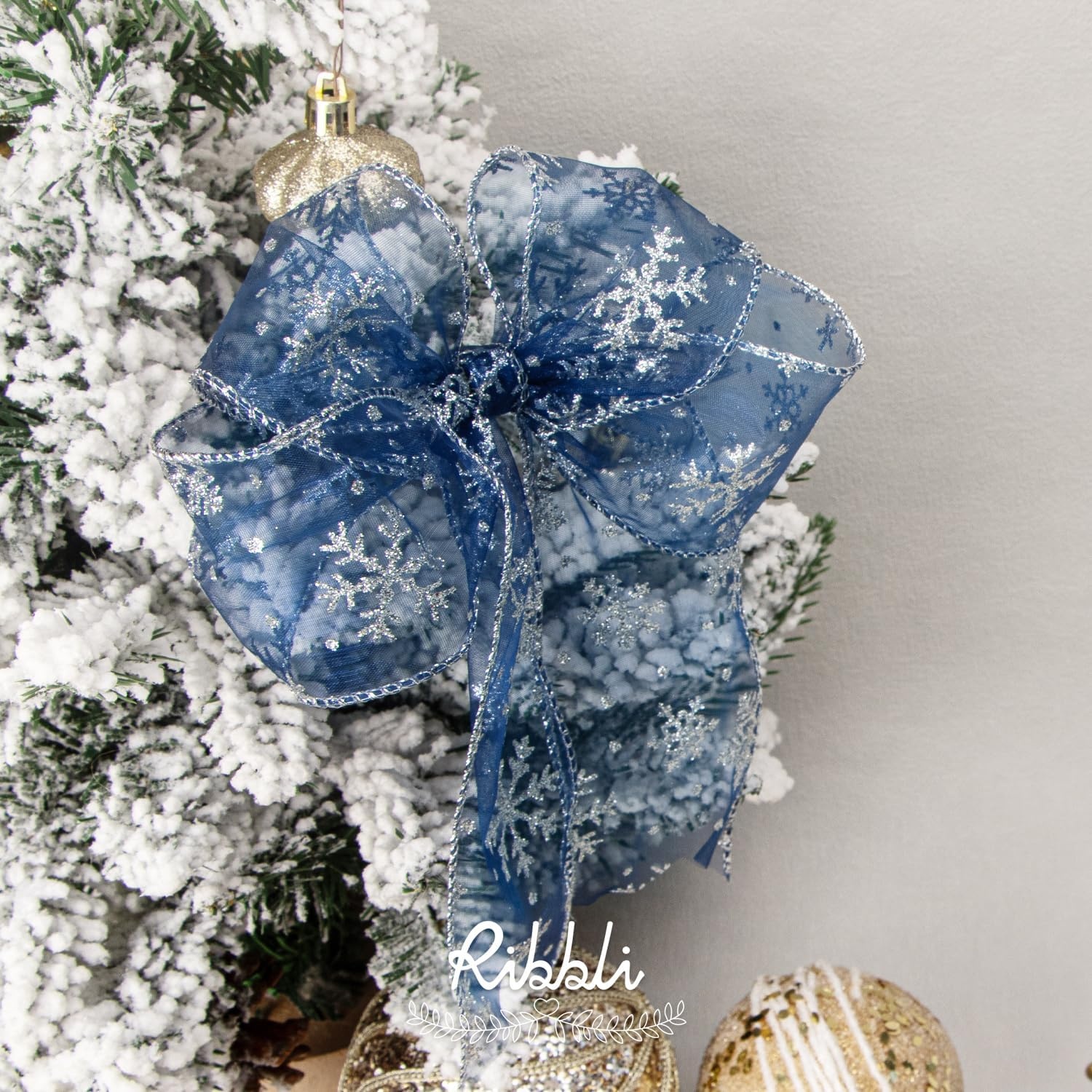 Ribbli Snowflake Glitter Wired Ribbon,Turquoise Blue Organza Sheer with Silver Glitter Snowflake Pattern and Silver Metallic Edge,2-1/2 Inch x 10 Yards Christmas Ribbon for Tree Decoration(Navy/Silver)