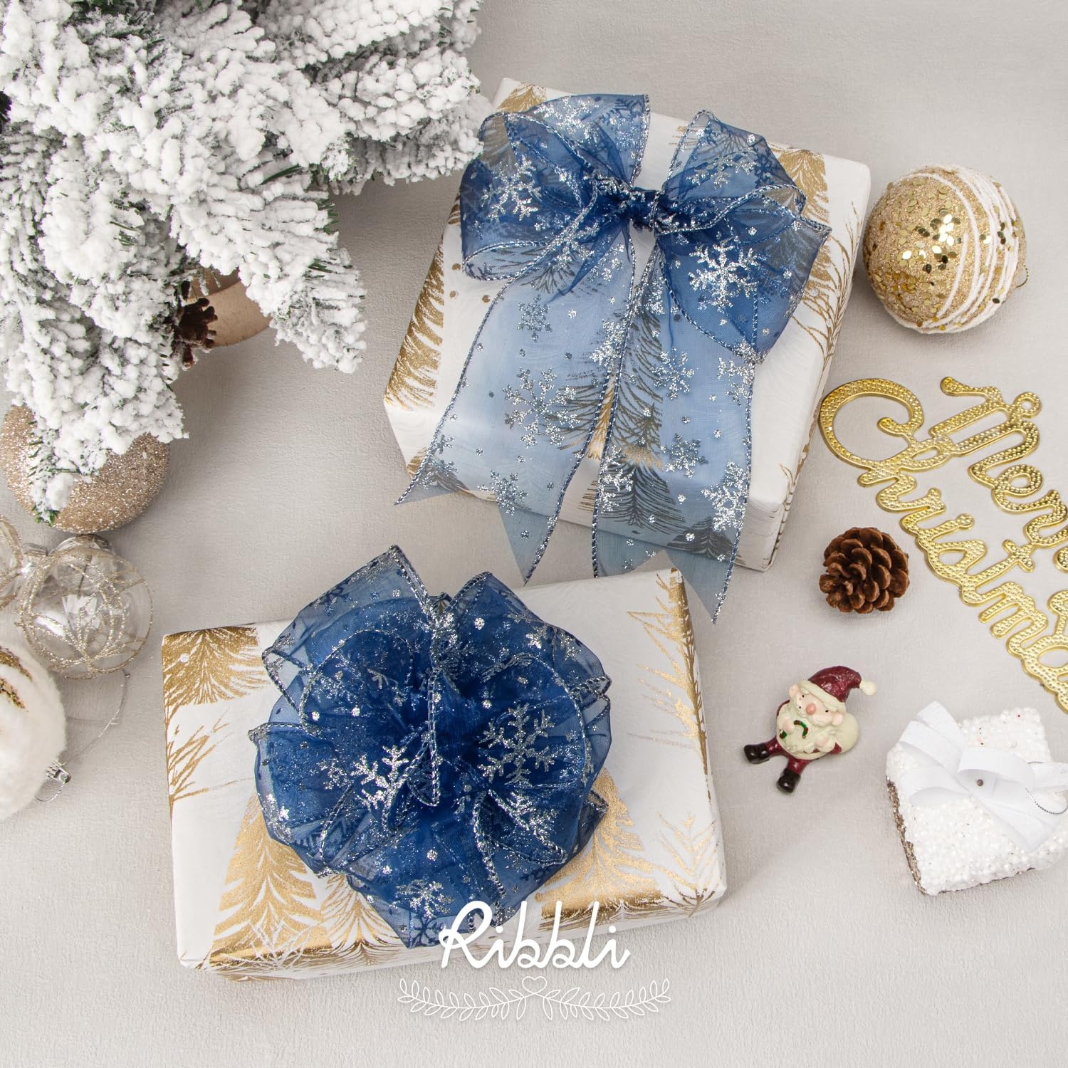 Ribbli Snowflake Glitter Wired Ribbon,Turquoise Blue Organza Sheer with Silver Glitter Snowflake Pattern and Silver Metallic Edge,2-1/2 Inch x 10 Yards Christmas Ribbon for Tree Decoration(Navy/Silver)