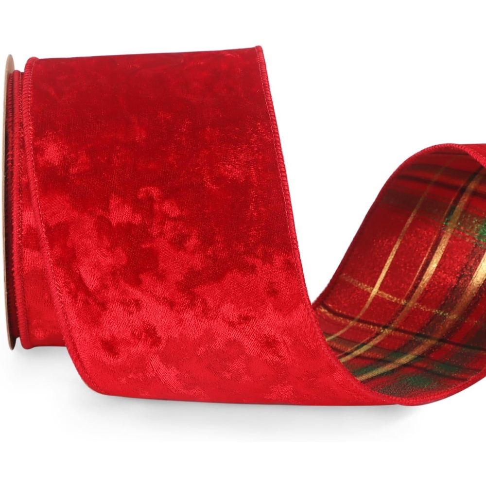 Ribbli Red Crushed Velvet Wired Ribbon with Red Plaid Reversible 4 Inch Christmas Ribbon for Gift Wrapping Christmas Tree Decoration Crafts Wreaths Supplies-10 Yards(Red/Green/Gold)