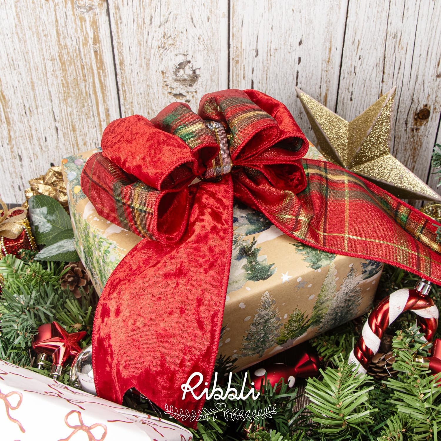 Ribbli Red Crushed Velvet Wired Ribbon with Red Plaid Reversible 4 Inch Christmas Ribbon for Gift Wrapping Christmas Tree Decoration Crafts Wreaths Supplies-10 Yards(Red/Green/Gold)