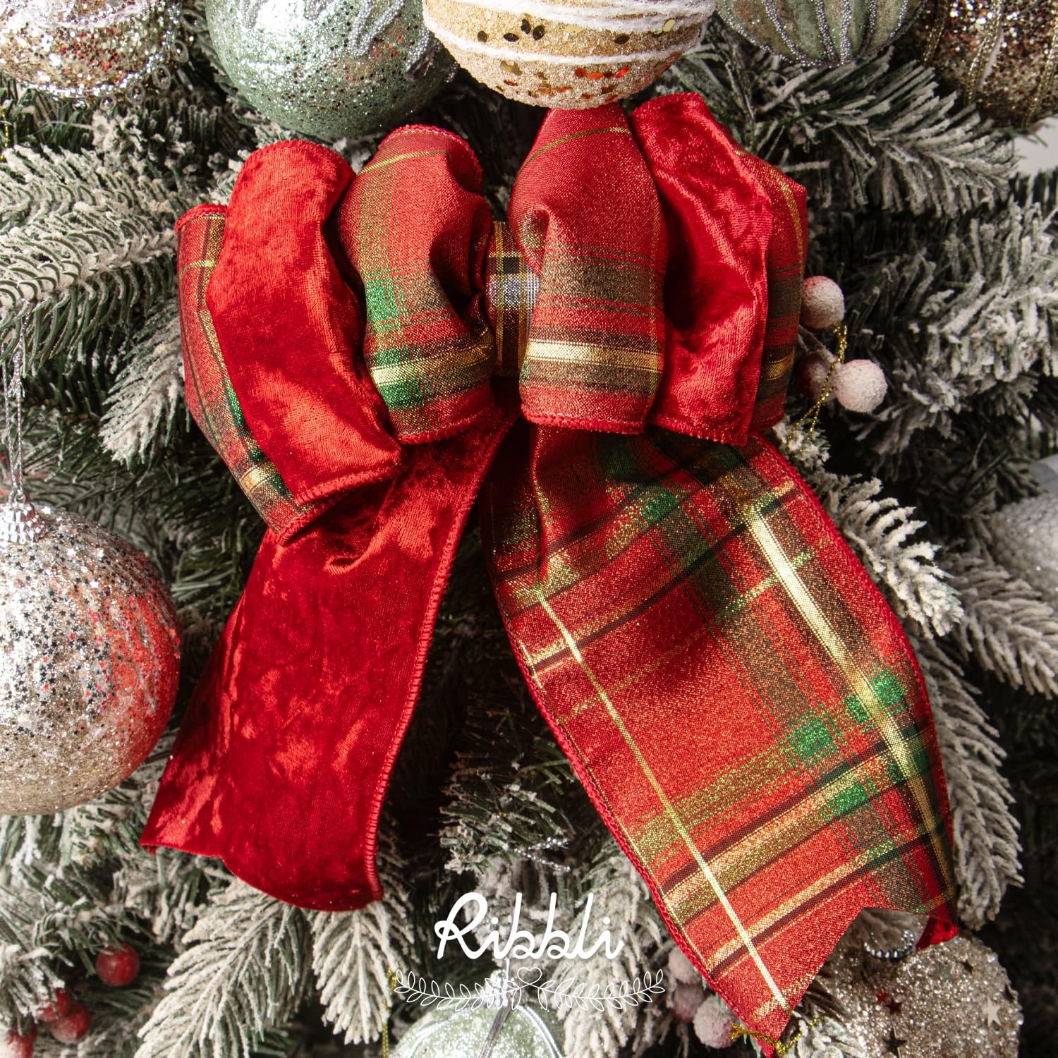 Ribbli Red Crushed Velvet Wired Ribbon with Red Plaid Reversible 4 Inch Christmas Ribbon for Gift Wrapping Christmas Tree Decoration Crafts Wreaths Supplies-10 Yards(Red/Green/Gold)