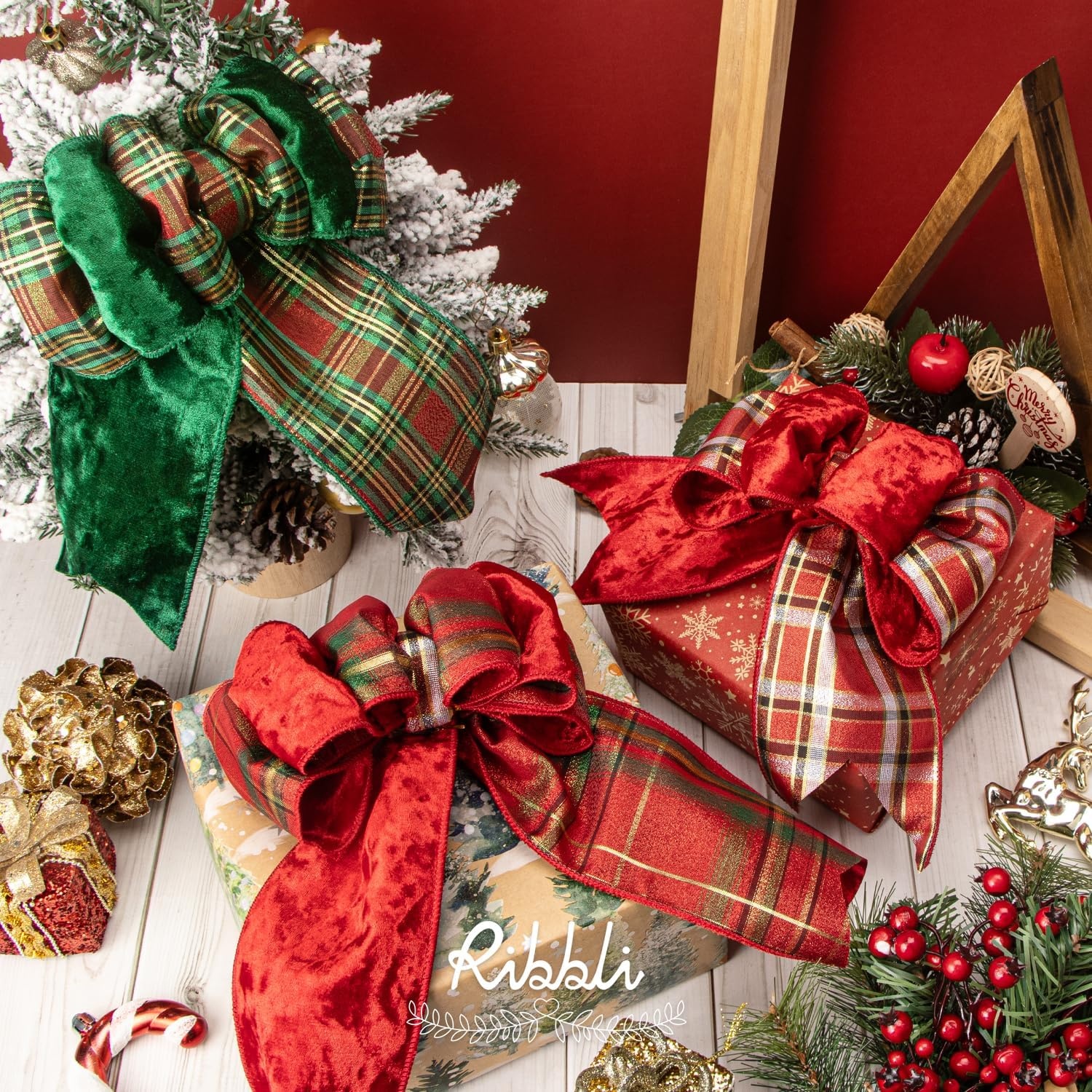 Ribbli Red Crushed Velvet Wired Ribbon with Red Plaid Reversible 4 Inch Christmas Ribbon for Gift Wrapping Christmas Tree Decoration Crafts Wreaths Supplies-10 Yards(Red/Green/Gold)
