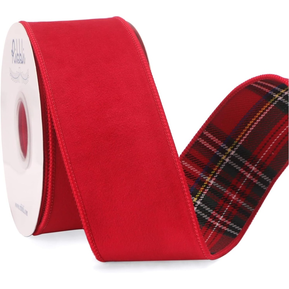 Ribbli Red Velvet Wired Ribbon with Metallic Plaid Reversible 2.5 Inch Christmas Ribbon for Gift Wrapping Christmas Tree Decoration Crafts Wreaths Supplies-Continuous 10 Yards(Red/Tartan)