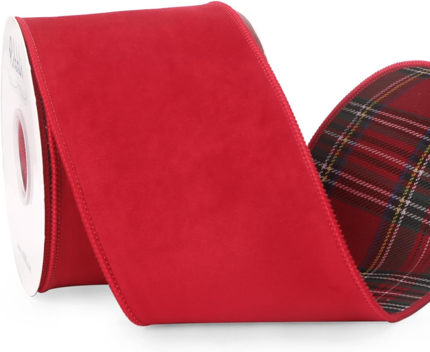 Ribbli Red Velvet Wired Ribbon with Metallic Plaid Reversible 2.5 Inch Christmas Ribbon for Gift Wrapping Christmas Tree Decoration Crafts Wreaths Supplies-Continuous 10 Yards(Red/Tartan)
