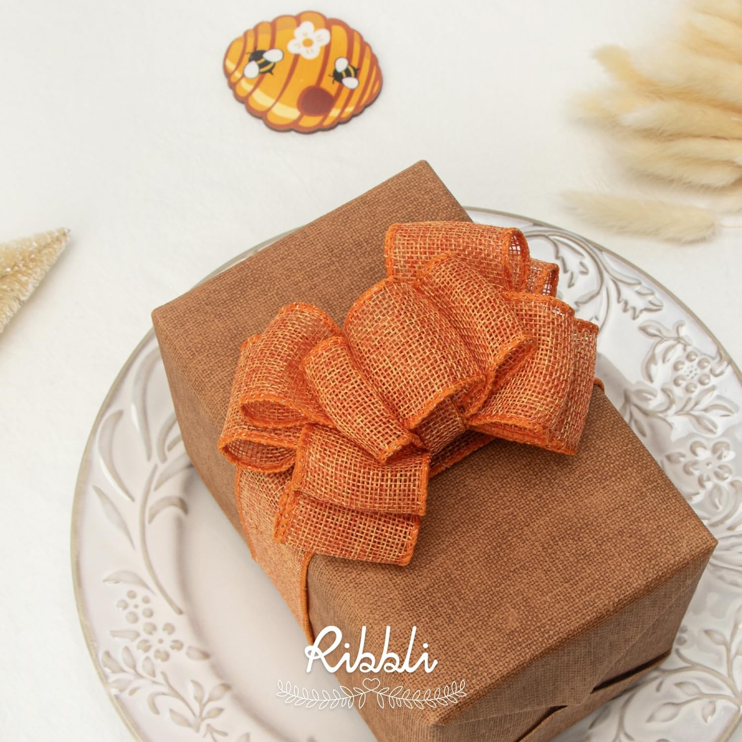 Ribbli Pink Burlap Valentine’s Day Wired Ribbon,1-1/2 Inch x 10 Yard,Easter Wired Edge Ribbon for Big Bow,Wreath,Tree Decoration,Outdoor Decoration(Orange)