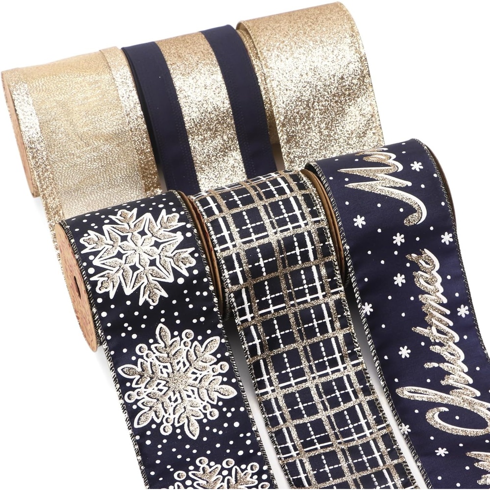 Ribbli Christmas Ribbon Wired Black Champagne Christmas Tree Ribbon Snowflake Glitter Wired Ribbons for Tree Topper Bow Crafts Gift Wrapping Wreaths Garland Home Decor -2.5 Inchx6 Rolls Total 36Yard(Navy/Champagne)