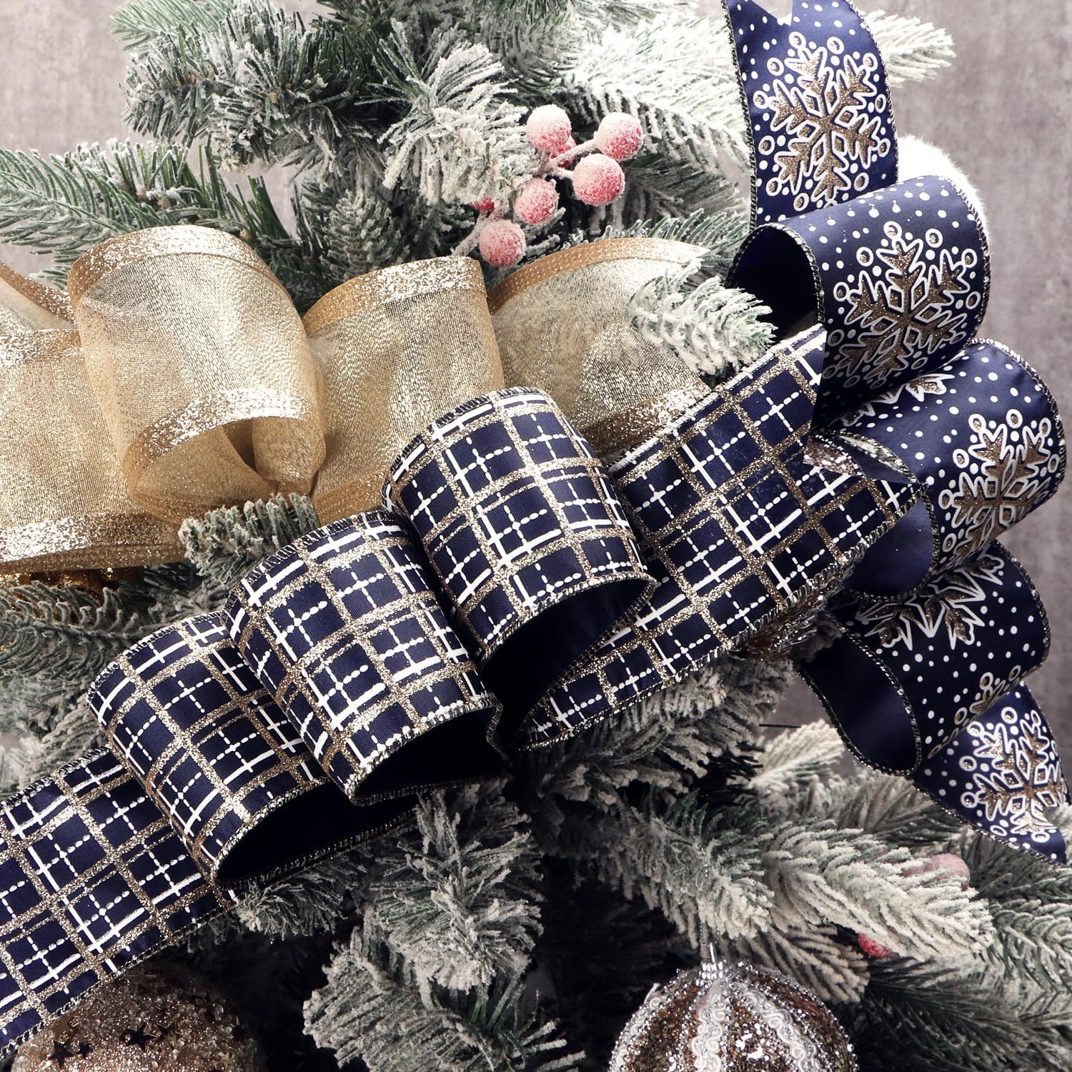 Ribbli Christmas Ribbon Wired Black Champagne Christmas Tree Ribbon Snowflake Glitter Wired Ribbons for Tree Topper Bow Crafts Gift Wrapping Wreaths Garland Home Decor -2.5 Inchx6 Rolls Total 36Yard(Navy/Champagne)
