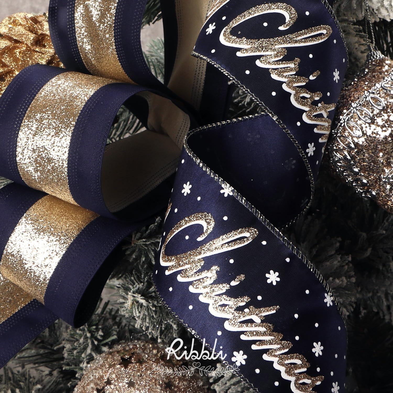 Ribbli Christmas Ribbon Wired Black Champagne Christmas Tree Ribbon Snowflake Glitter Wired Ribbons for Tree Topper Bow Crafts Gift Wrapping Wreaths Garland Home Decor -2.5 Inchx6 Rolls Total 36Yard(Navy/Champagne)
