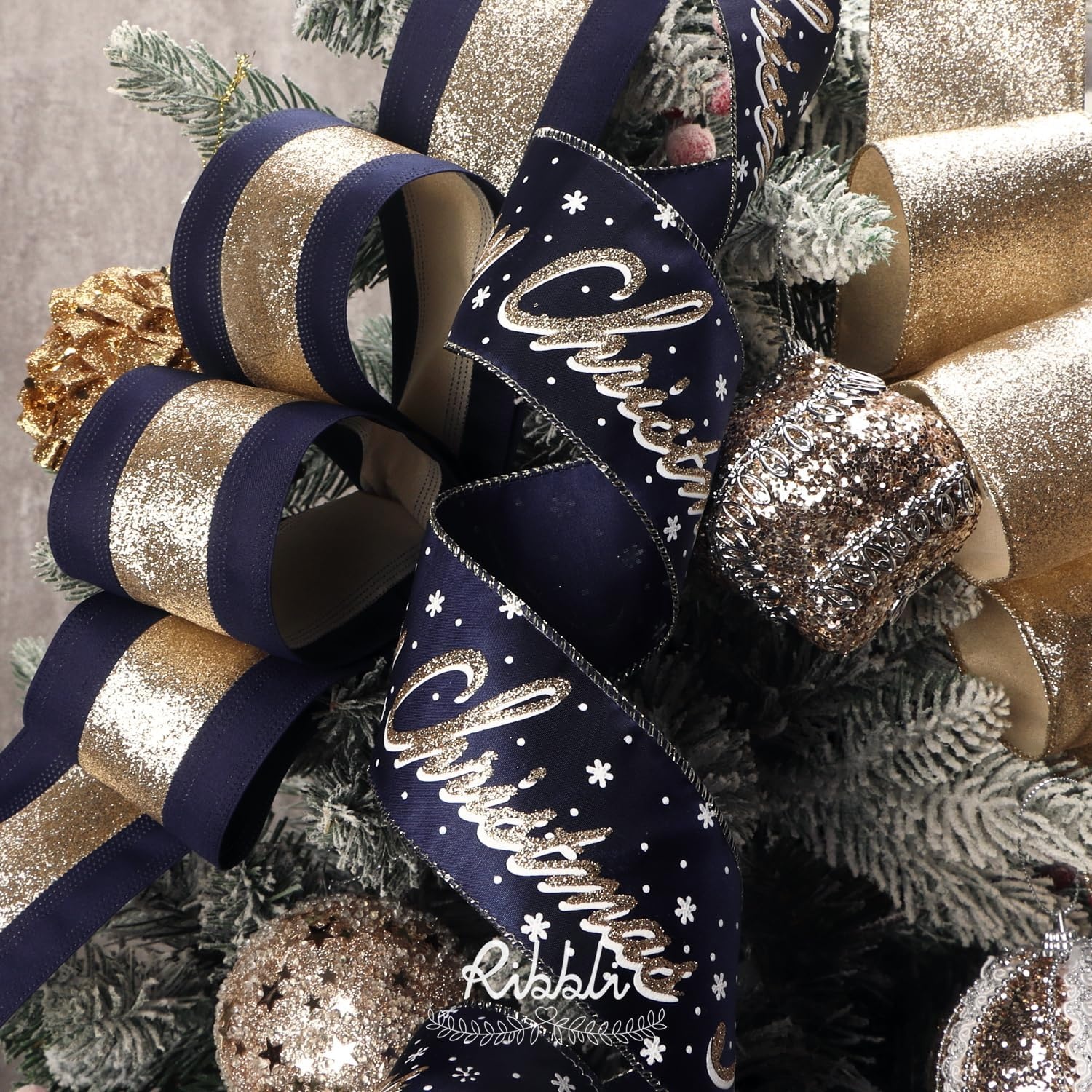 Ribbli Christmas Ribbon Wired Black Champagne Christmas Tree Ribbon Snowflake Glitter Wired Ribbons for Tree Topper Bow Crafts Gift Wrapping Wreaths Garland Home Decor -2.5 Inchx6 Rolls Total 36Yard(Navy/Champagne)