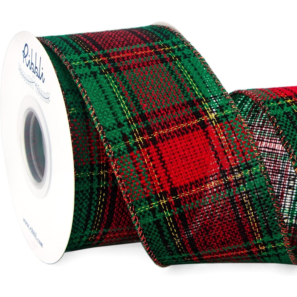 Ribbli Christmas Burlap Wired Ribbon, Buffalo Plaid with Burlap 2-1/2 Inch x Continuous 10 Yard, Christmas Ribbon for Tree, Gift Wrapping, Big Bow, Wreath-Black/White/Natural(Red/Green/Gold)