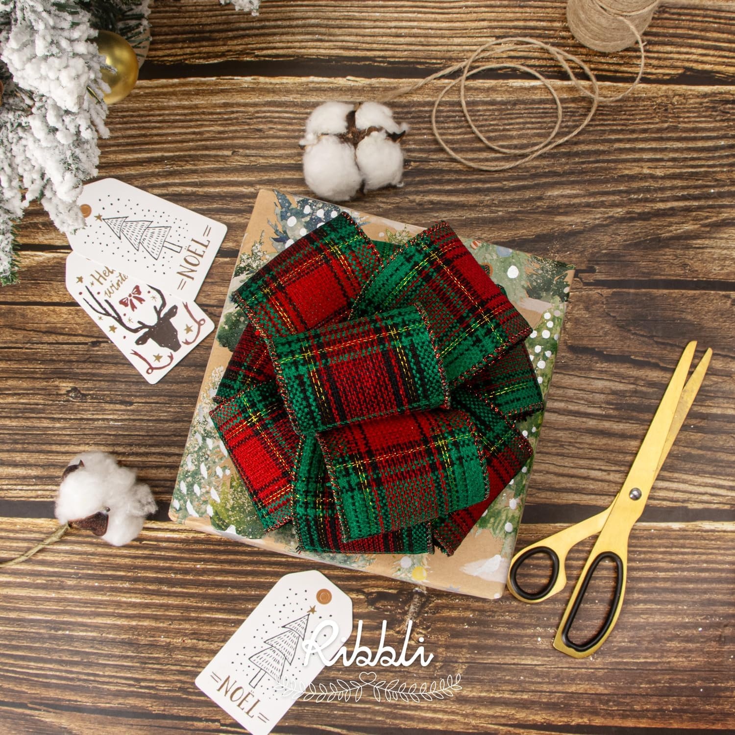 Ribbli Christmas Burlap Wired Ribbon, Buffalo Plaid with Burlap 2-1/2 Inch x Continuous 10 Yard, Christmas Ribbon for Tree, Gift Wrapping, Big Bow, Wreath-Black/White/Natural(Red/Green/Gold)