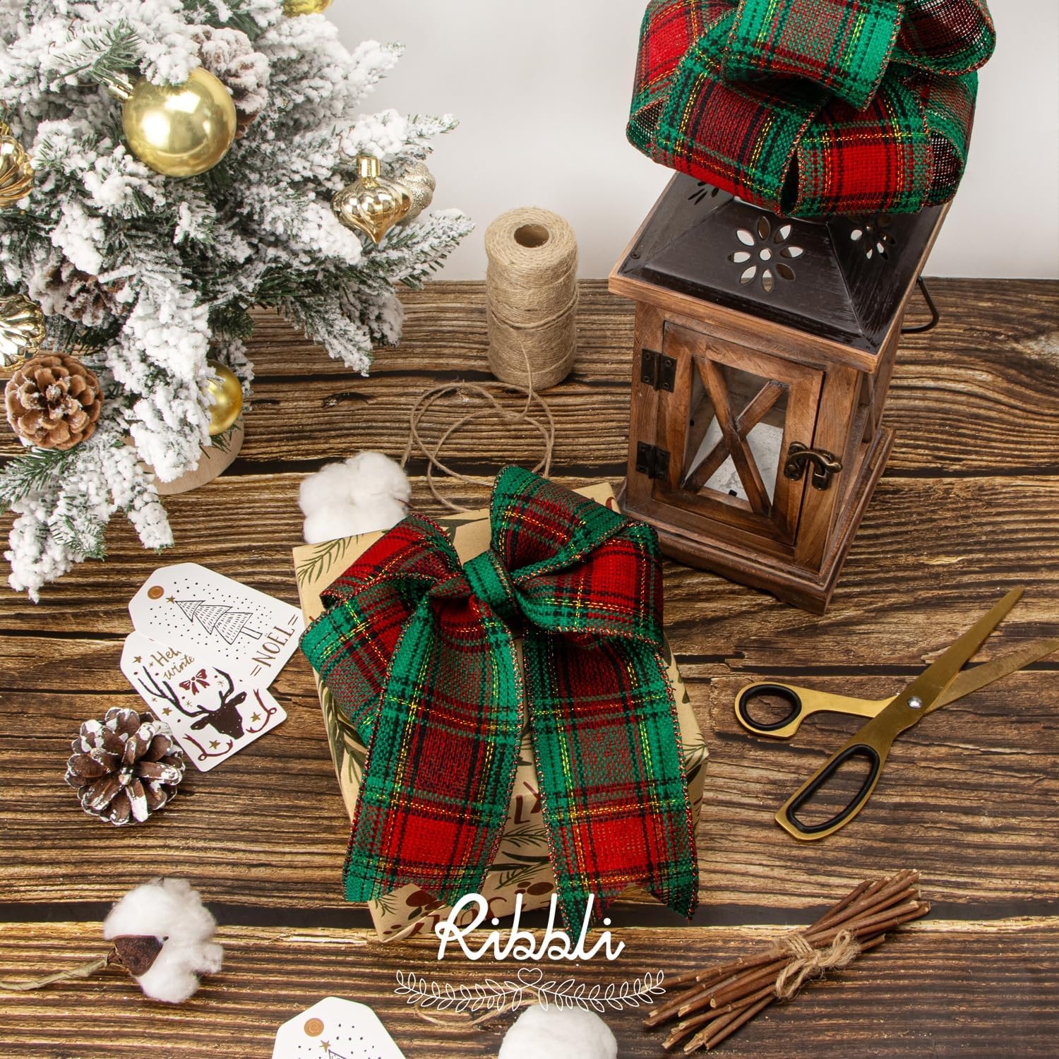 Ribbli Christmas Burlap Wired Ribbon, Buffalo Plaid with Burlap 2-1/2 Inch x Continuous 10 Yard, Christmas Ribbon for Tree, Gift Wrapping, Big Bow, Wreath-Black/White/Natural(Red/Green/Gold)