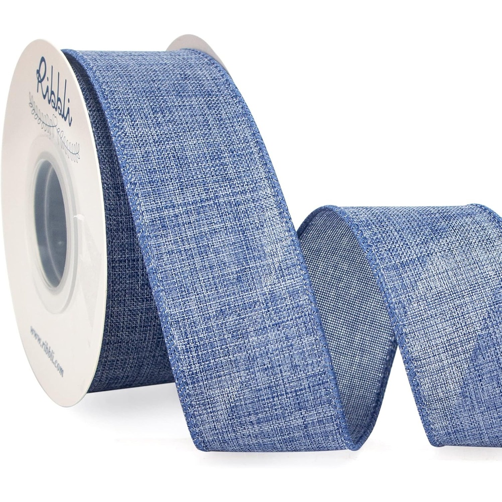 Ribbli Pink Linen Wired Ribbon, 1-1/2 Inch x 10 Yard, Pink Burlap Wired Ribbon for Easter Wreaths, Big Bows, Gift Wrapping, Christmas Tree Decoration(Faded Denim)