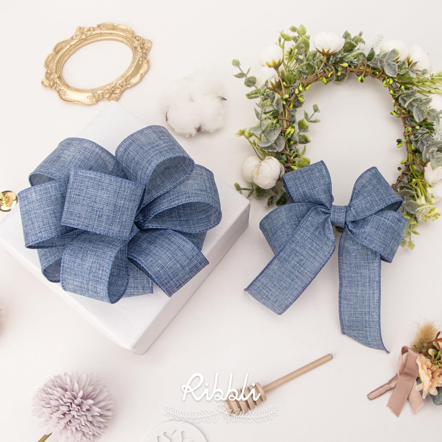Ribbli Pink Linen Wired Ribbon, 1-1/2 Inch x 10 Yard, Pink Burlap Wired Ribbon for Easter Wreaths, Big Bows, Gift Wrapping, Christmas Tree Decoration(Faded Denim)