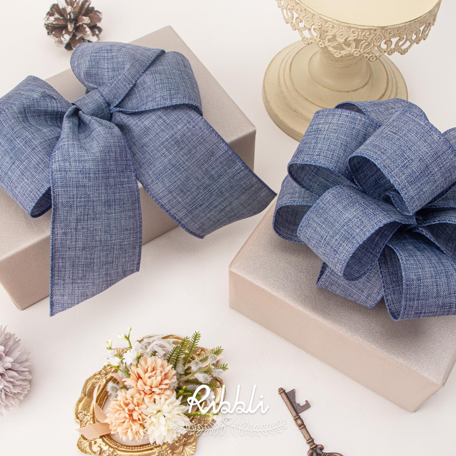 Ribbli Pink Linen Wired Ribbon, 1-1/2 Inch x 10 Yard, Pink Burlap Wired Ribbon for Easter Wreaths, Big Bows, Gift Wrapping, Christmas Tree Decoration(Faded Denim)