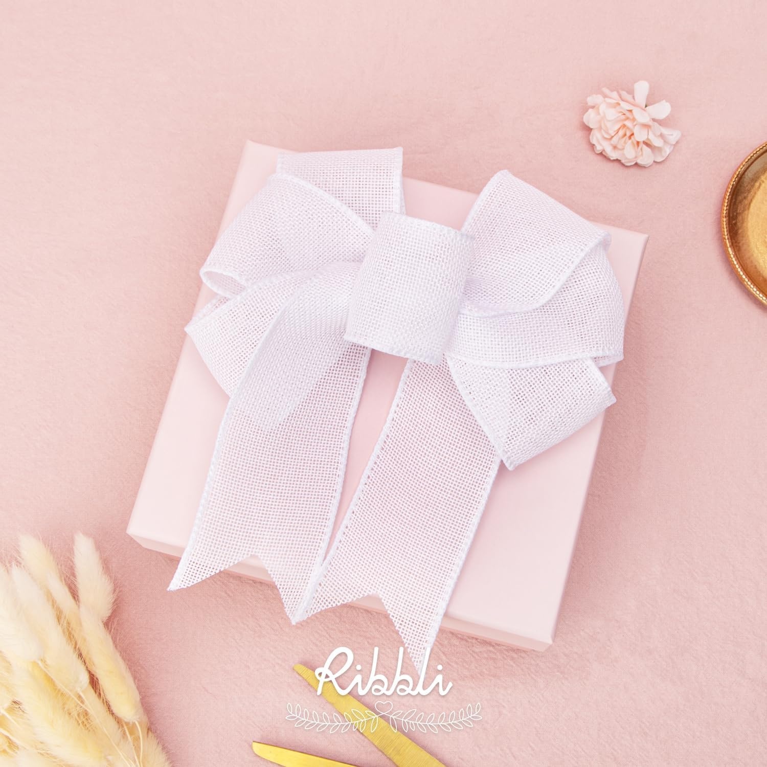 Ribbli Pink Burlap Valentine’s Day Wired Ribbon,2 Inch x Continuous 10 Yard, Easter Wired Edge Ribbon for Big Bow,Wreath,Tree Decoration,Outdoor Decoration(White)