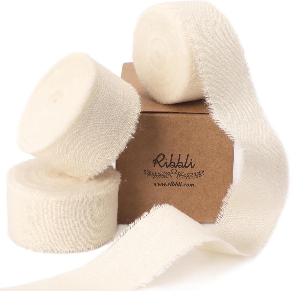 Ribbli 3 Rolls Dusty Blue Ribbon 1.5 Inch x 18Yards Handmade Cotton Frayed Fringe Ribbons for Gift Wrapping Wedding Invites Bridal Bouquets Baby Shower DIY Crafts Home Decor(Ivory)