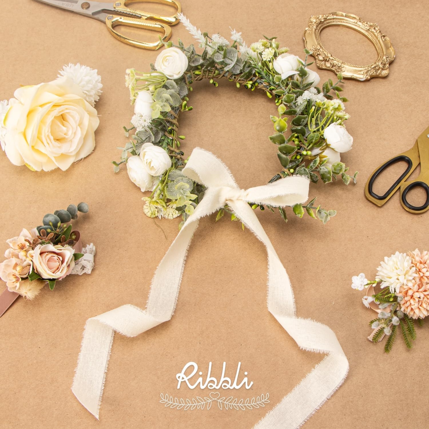Ribbli 3 Rolls Dusty Blue Ribbon 1.5 Inch x 18Yards Handmade Cotton Frayed Fringe Ribbons for Gift Wrapping Wedding Invites Bridal Bouquets Baby Shower DIY Crafts Home Decor(Ivory)