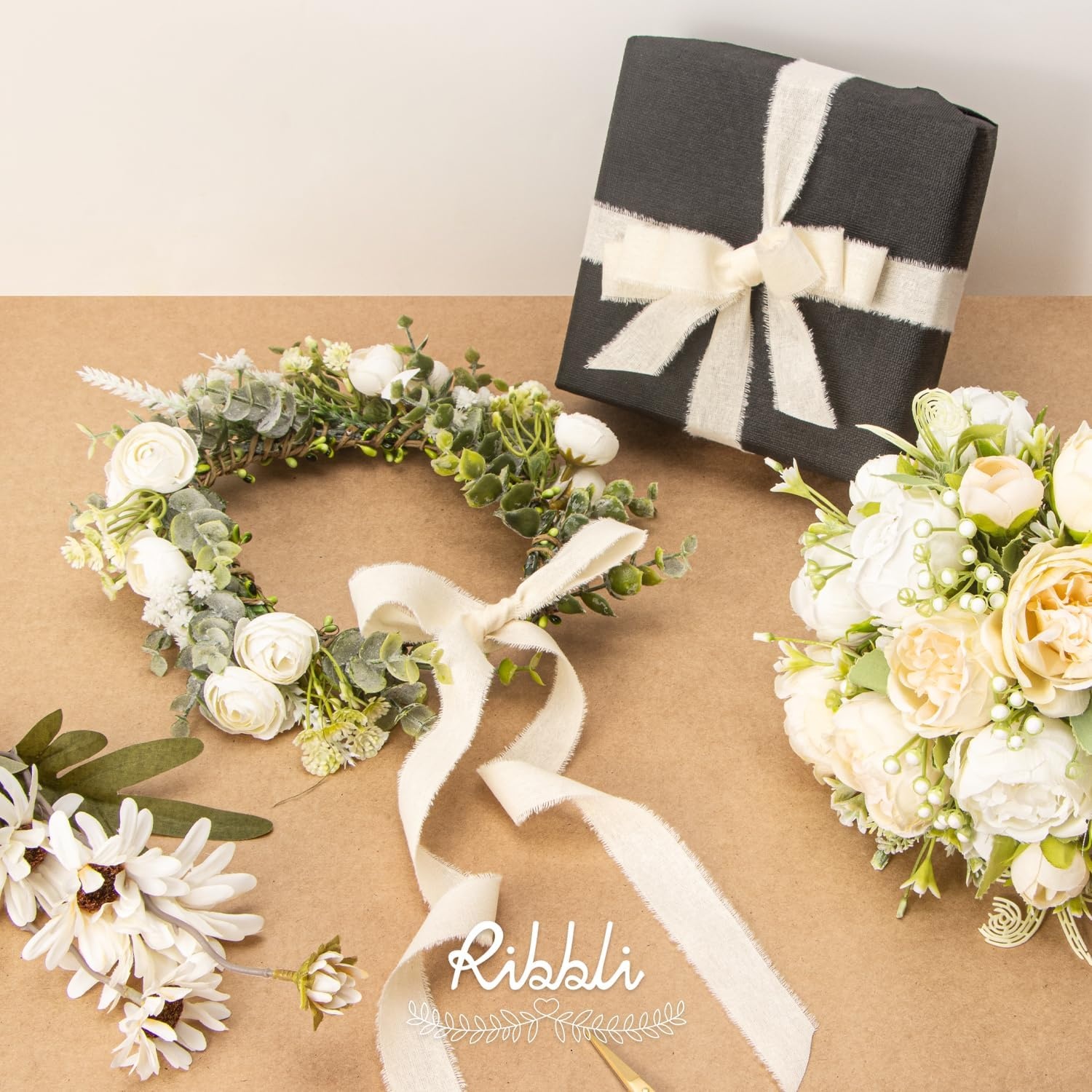 Ribbli 3 Rolls Dusty Blue Ribbon 1.5 Inch x 18Yards Handmade Cotton Frayed Fringe Ribbons for Gift Wrapping Wedding Invites Bridal Bouquets Baby Shower DIY Crafts Home Decor(Ivory)