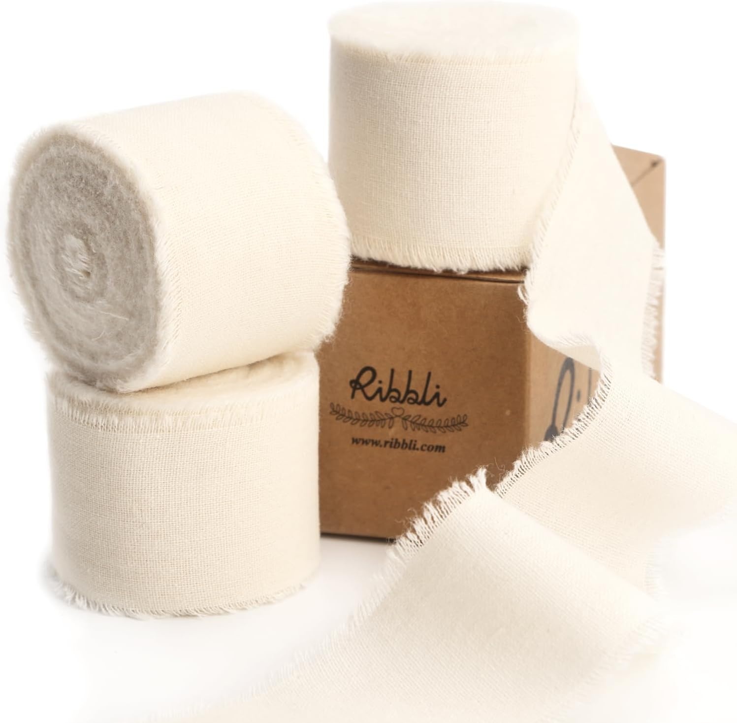 Ribbli 3 Rolls Dusty Blue Ribbon 1.5 Inch x 18Yards Handmade Cotton Frayed Fringe Ribbons for Gift Wrapping Wedding Invites Bridal Bouquets Baby Shower DIY Crafts Home Decor(Ivory)