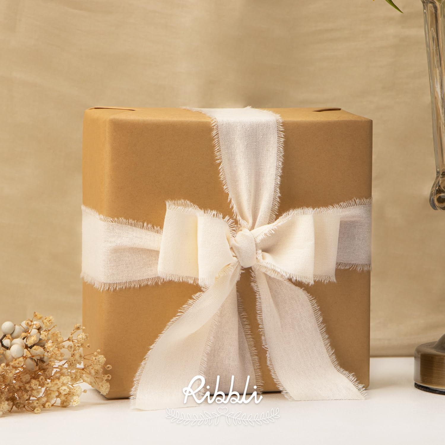 Ribbli 3 Rolls Dusty Blue Ribbon 1.5 Inch x 18Yards Handmade Cotton Frayed Fringe Ribbons for Gift Wrapping Wedding Invites Bridal Bouquets Baby Shower DIY Crafts Home Decor(Ivory)